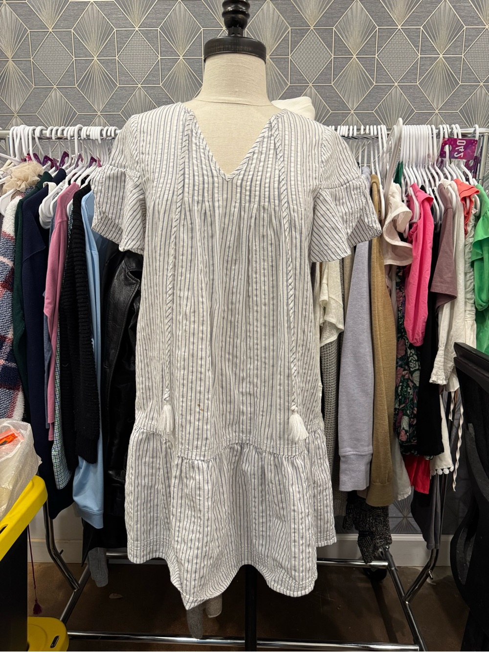 Vineyard Vines White & Gray Striped Tassel Tunic